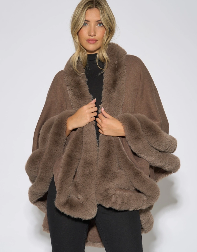 Brown Double Layer Fur Trim Cape