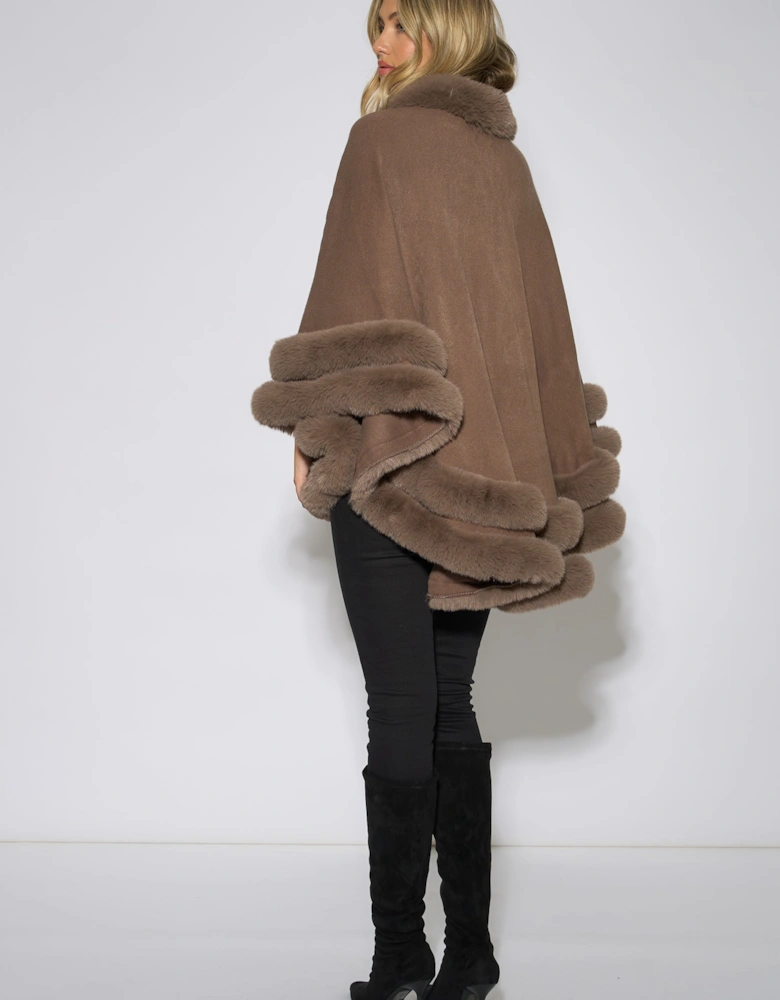 Brown Double Layer Fur Trim Cape