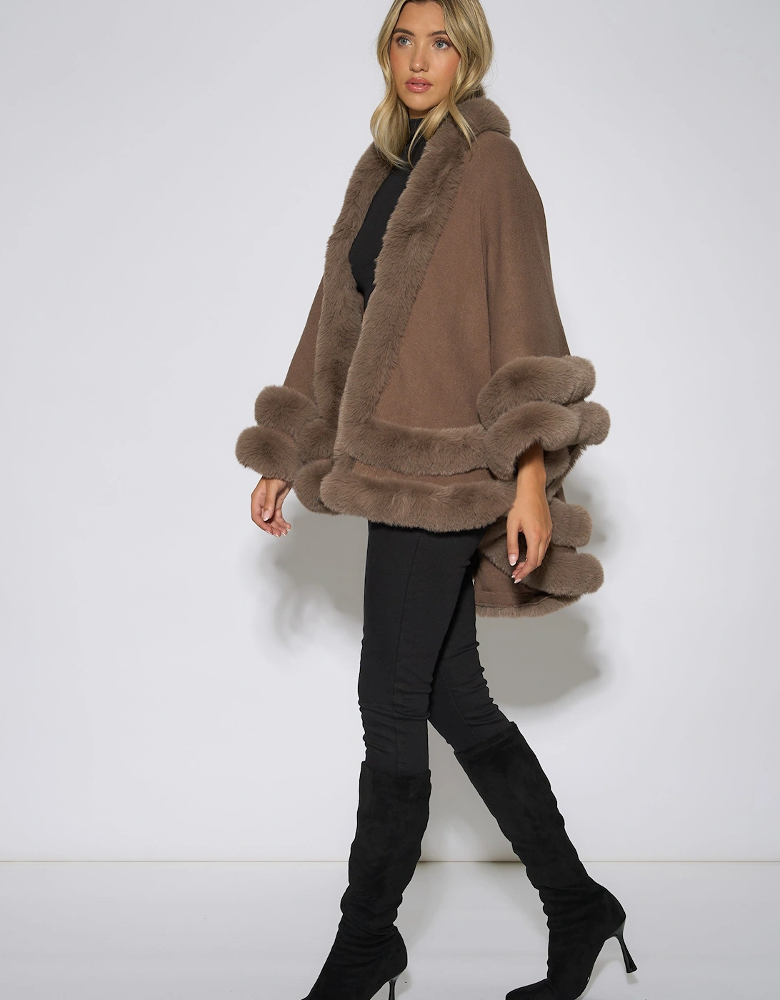 Brown Double Layer Fur Trim Cape