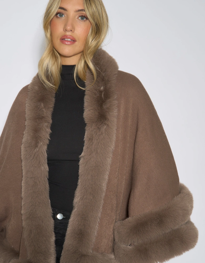 Brown Double Layer Fur Trim Cape