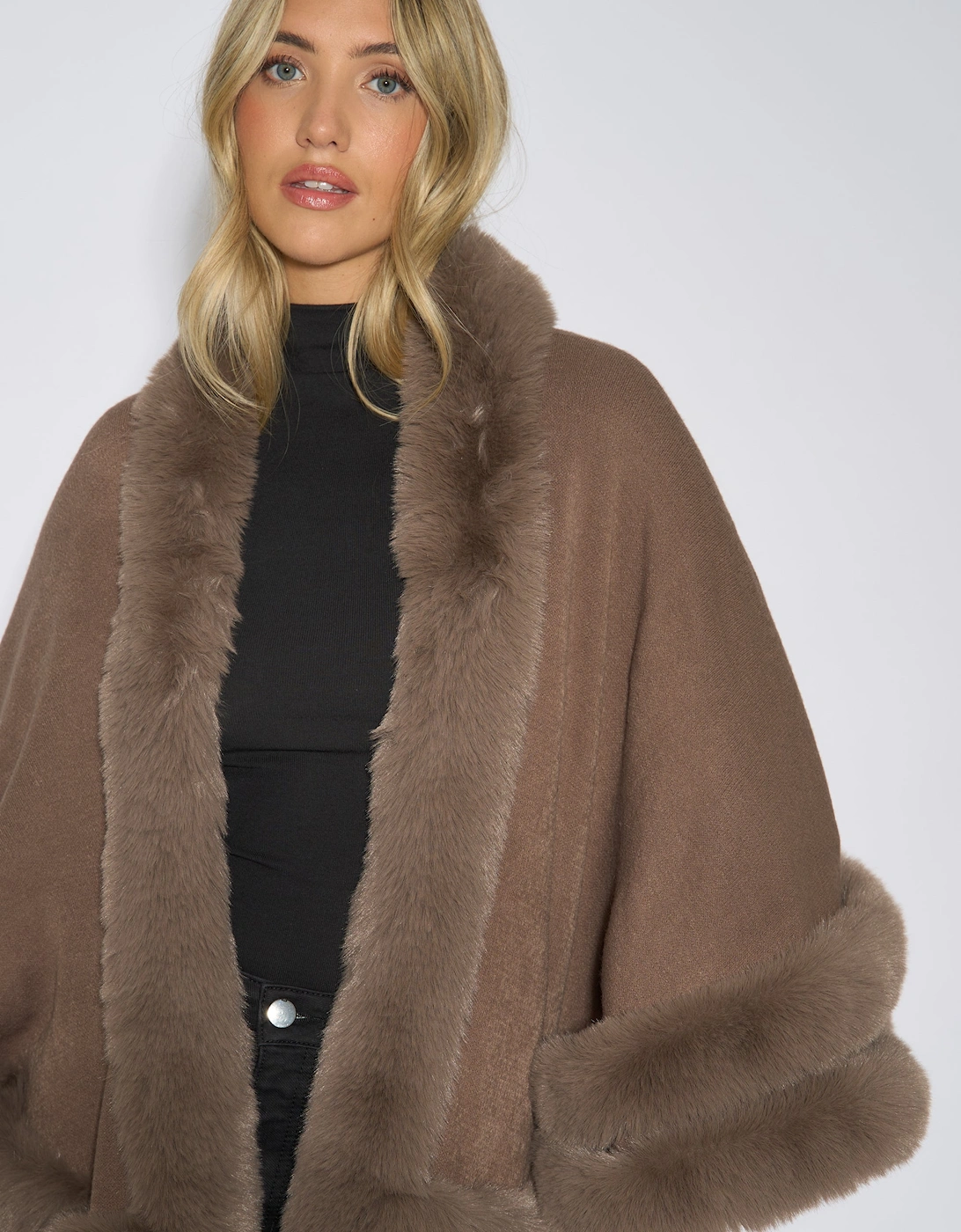 Brown Double Layer Fur Trim Cape