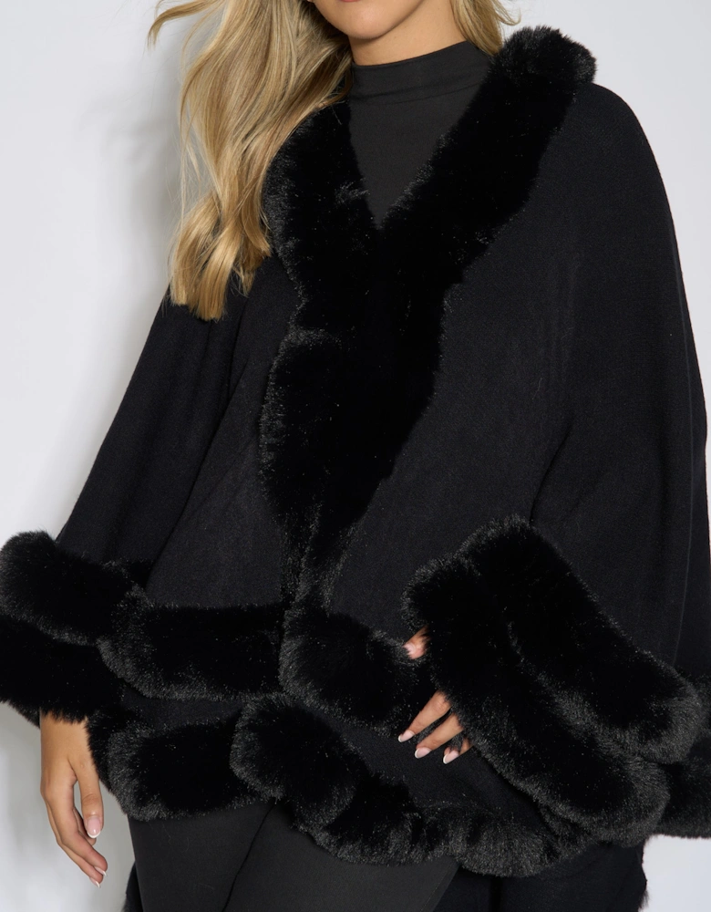 Black Double Layer Fur Trim Cape