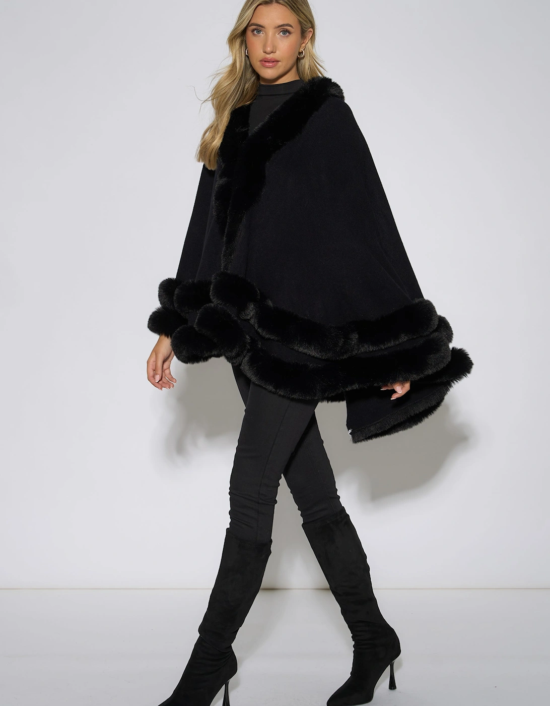 Black Double Layer Fur Trim Cape