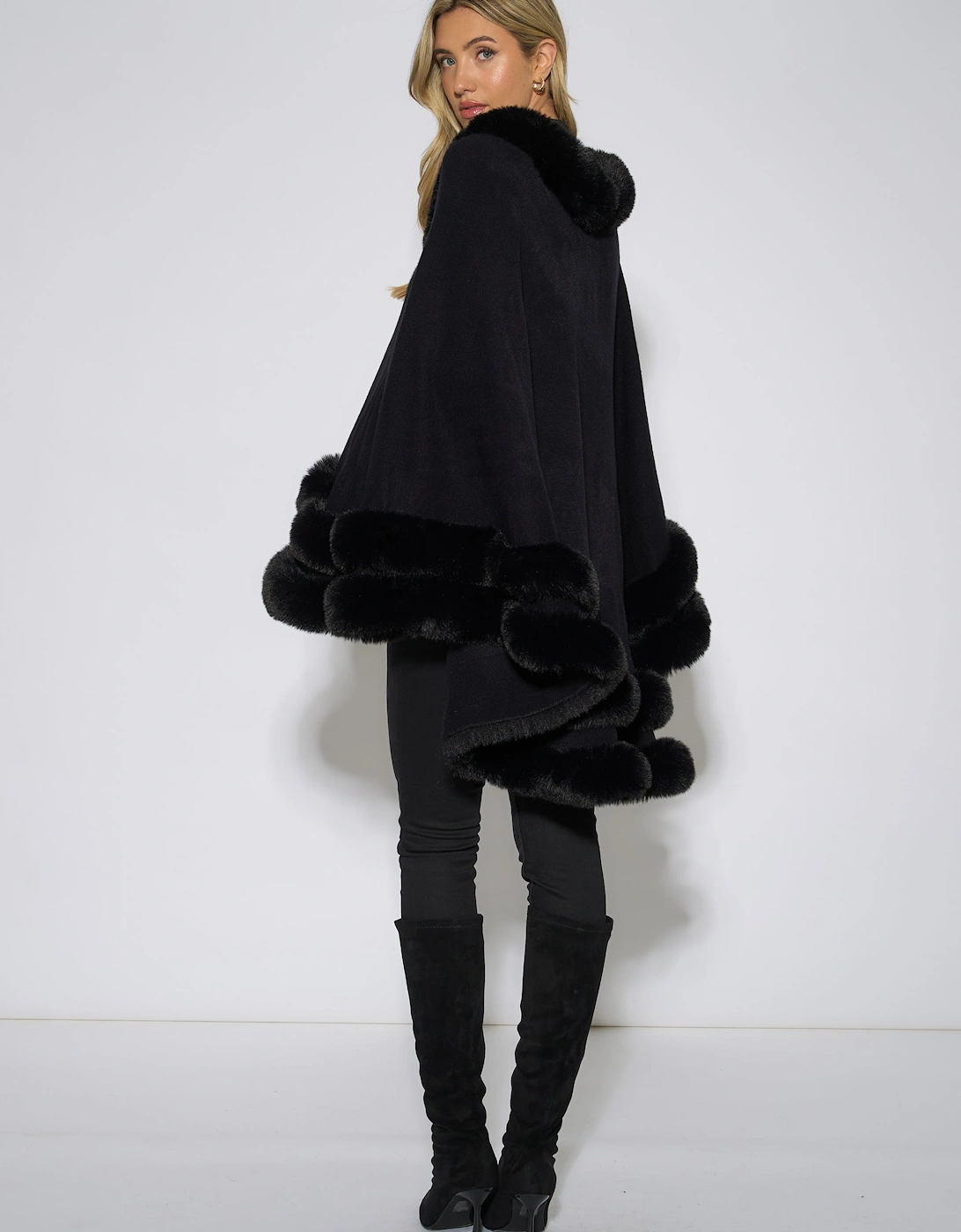 Black Double Layer Fur Trim Cape