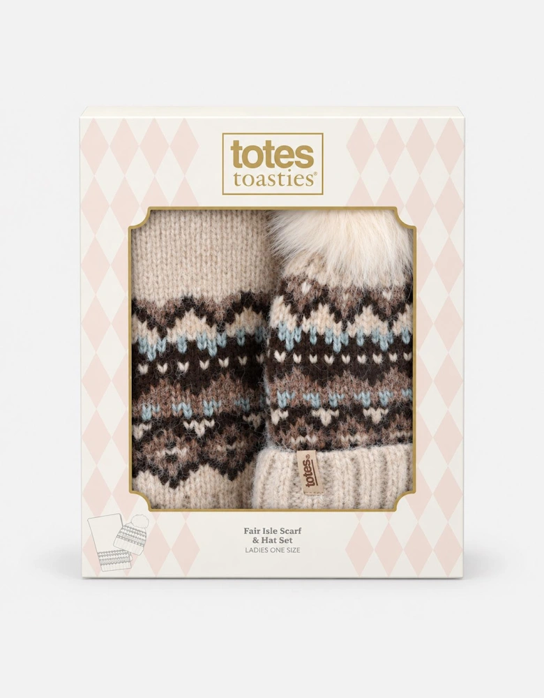 Totes Toasties FAIR ISLE SCARF & HAT SET Womens Beanie Grey