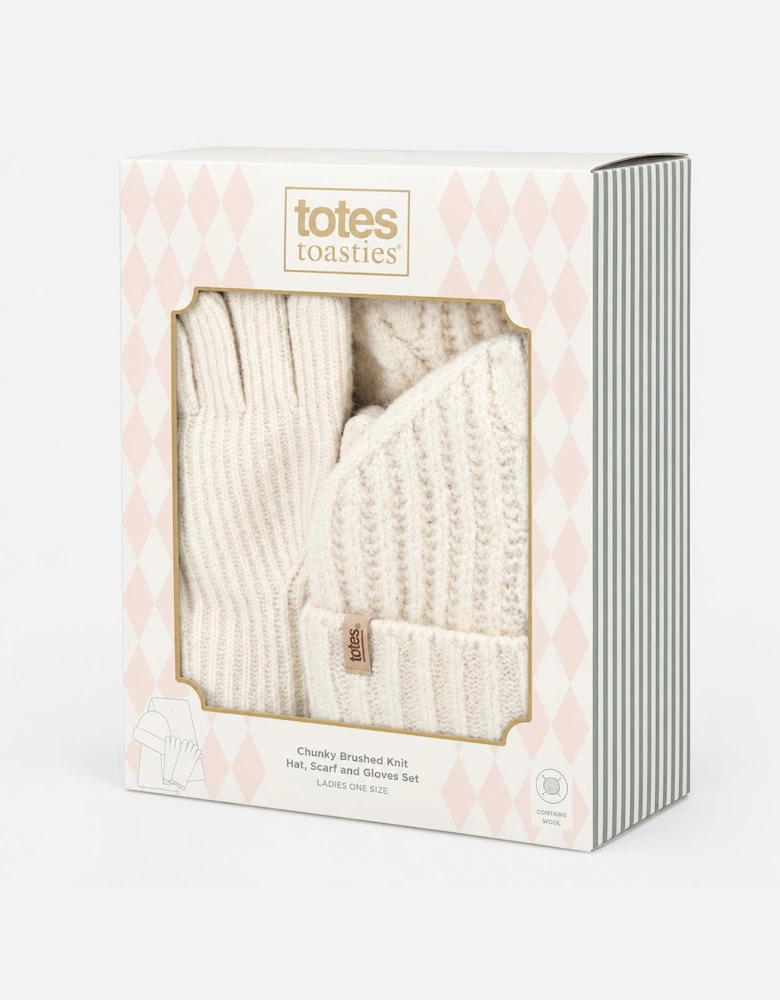Totes Toasties CHUNKY BRUSHED RIB KNIT HAT SCARF & GLOVE SET Womens Beanie Cream