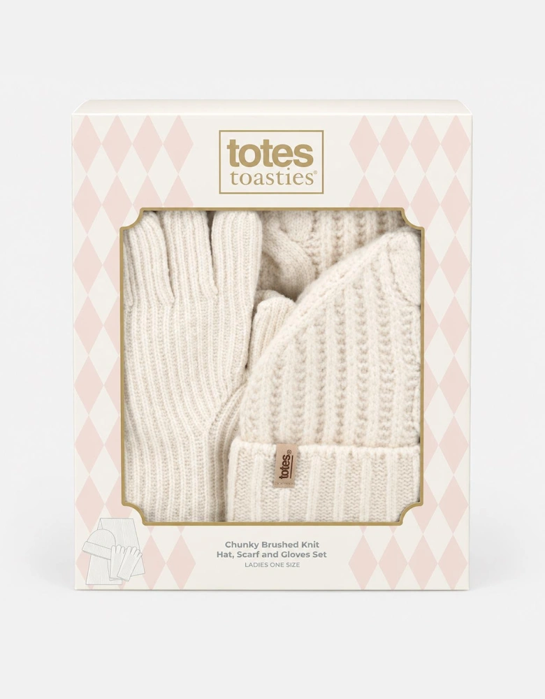 Totes Toasties CHUNKY BRUSHED RIB KNIT HAT SCARF & GLOVE SET Womens Beanie Cream