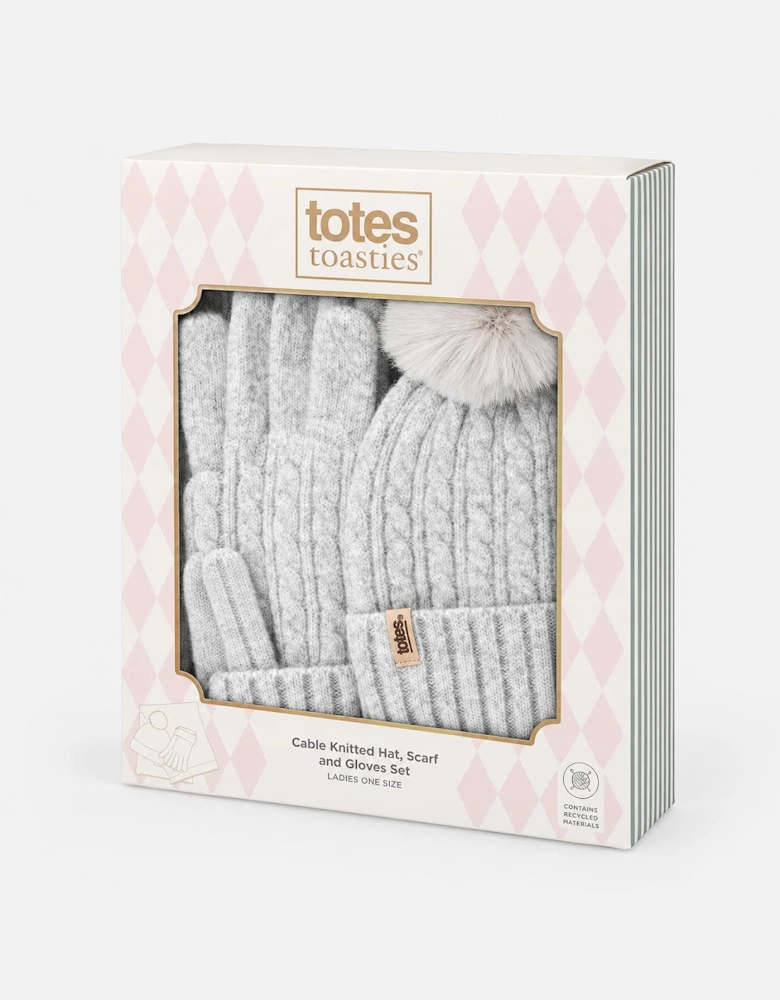 Totes Toasties KNITTED HAT SCARF & GLOVE GIFT SET Womens Beanie Grey