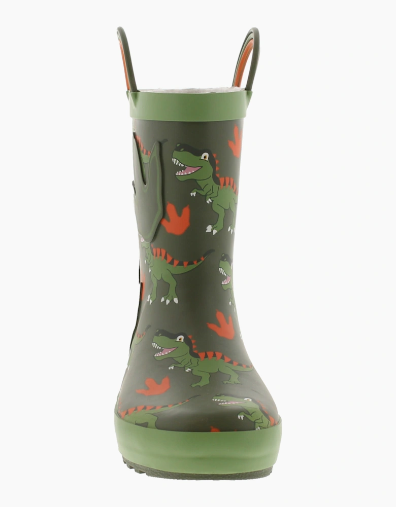 Dinosaur Hunter Younger Childrens Wellies Spike Pull On green UK Size