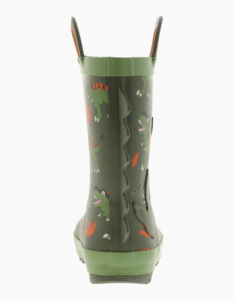 Dinosaur Hunter Younger Childrens Wellies Spike Pull On green UK Size