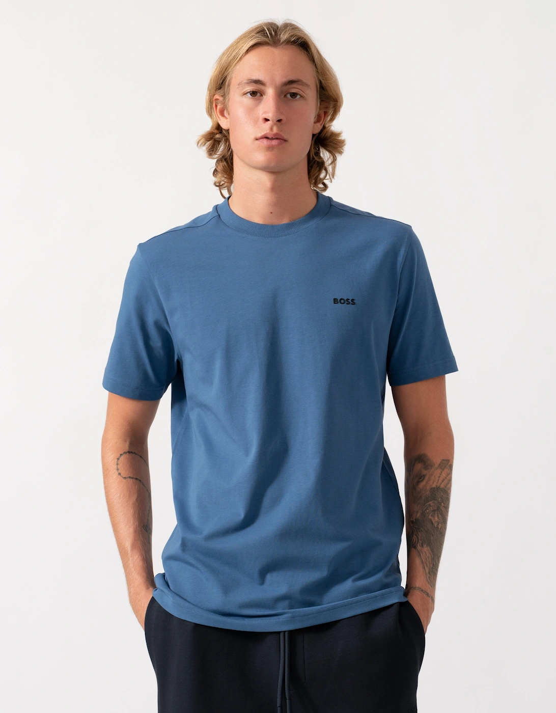 BOSS Green Tee Mens Stretch Cotton T-Shirt with Contrast Logo - Medium Blue 427