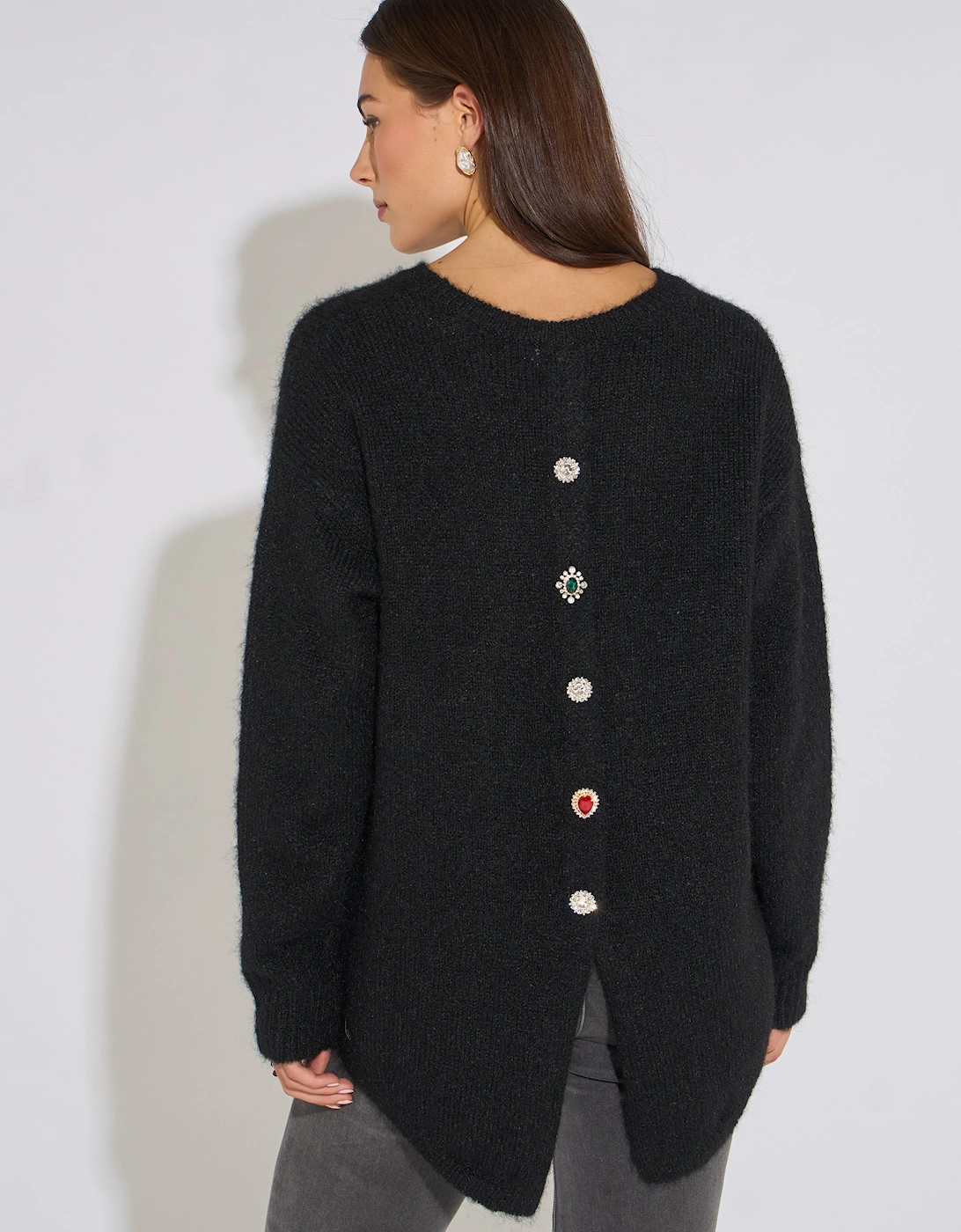 Gini London Women's Black Long Sleeve Jewelled Back Knit Jumper - Size 12/14