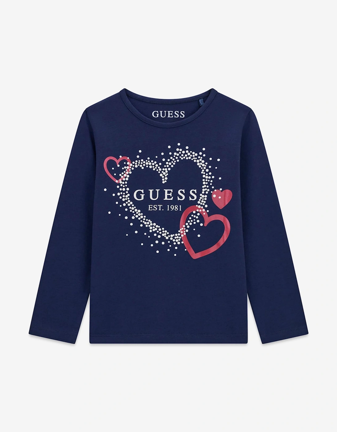 Guess Girls Long Sleeve Heart Logo T-Shirt in Navy