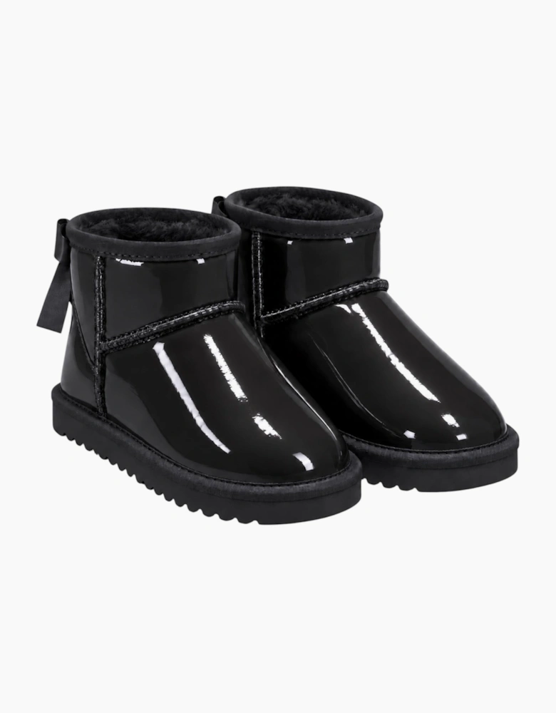 Girls Black Patent Ribbon Boots
