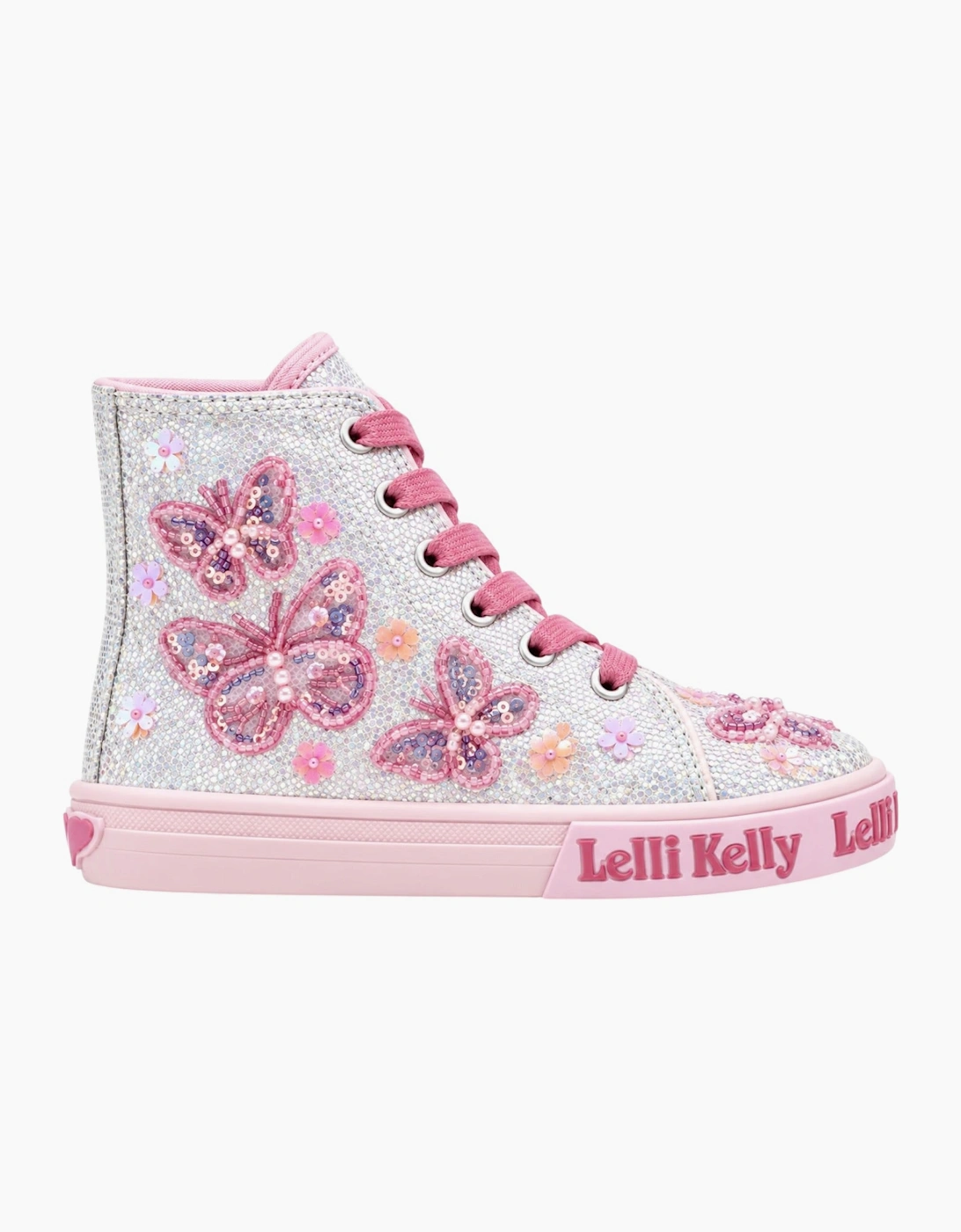 Girls Silver Beaded Butterfly Hi-Top Trainers