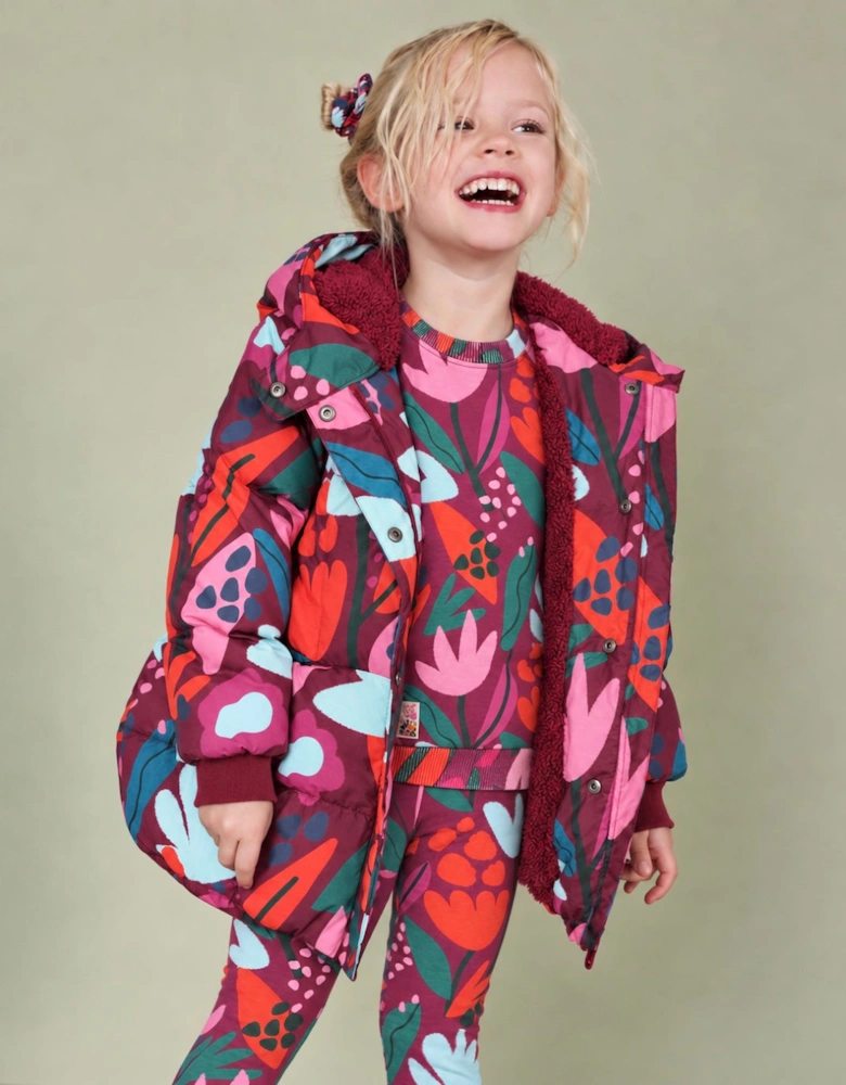 Girls Purple Floral Fleece Lined Coat