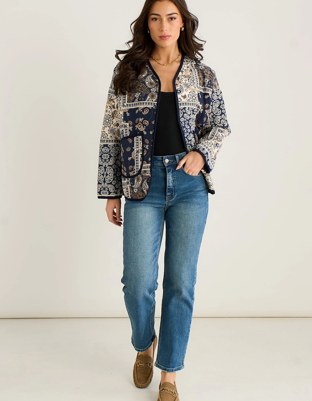 Navy Paisley Tile Print Lightweight Viscose Quilted Jacket