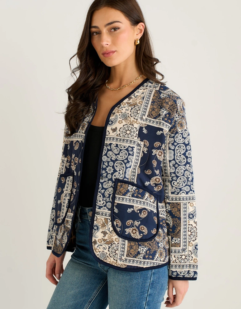Navy Paisley Tile Print Lightweight Viscose Quilted Jacket