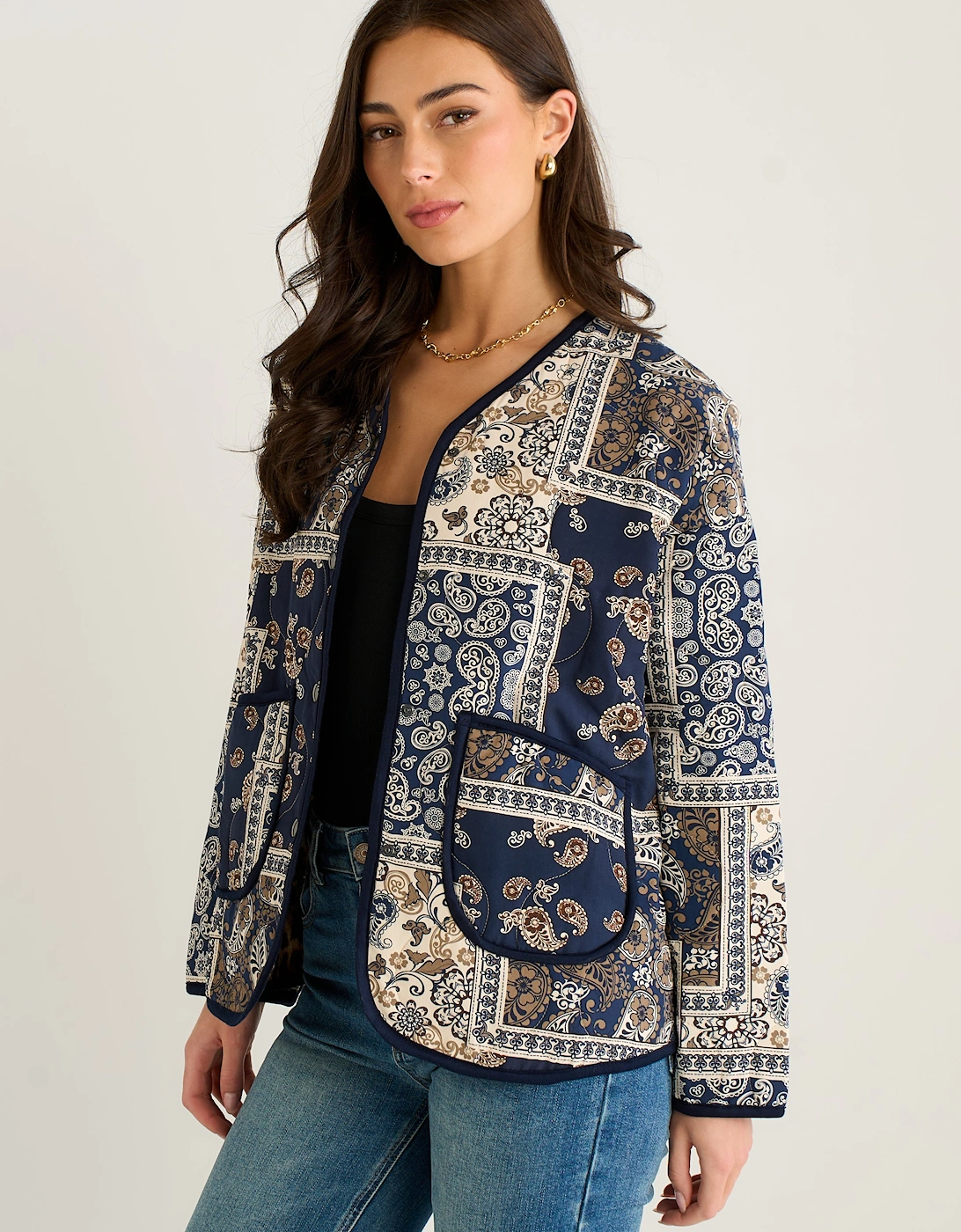 Navy Paisley Tile Print Lightweight Viscose Quilted Jacket