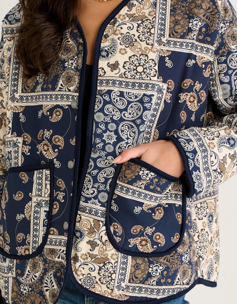 Navy Paisley Tile Print Lightweight Viscose Quilted Jacket