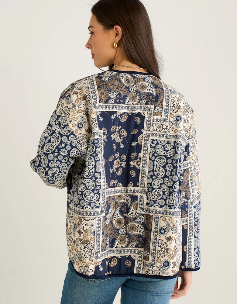Navy Paisley Tile Print Lightweight Viscose Quilted Jacket