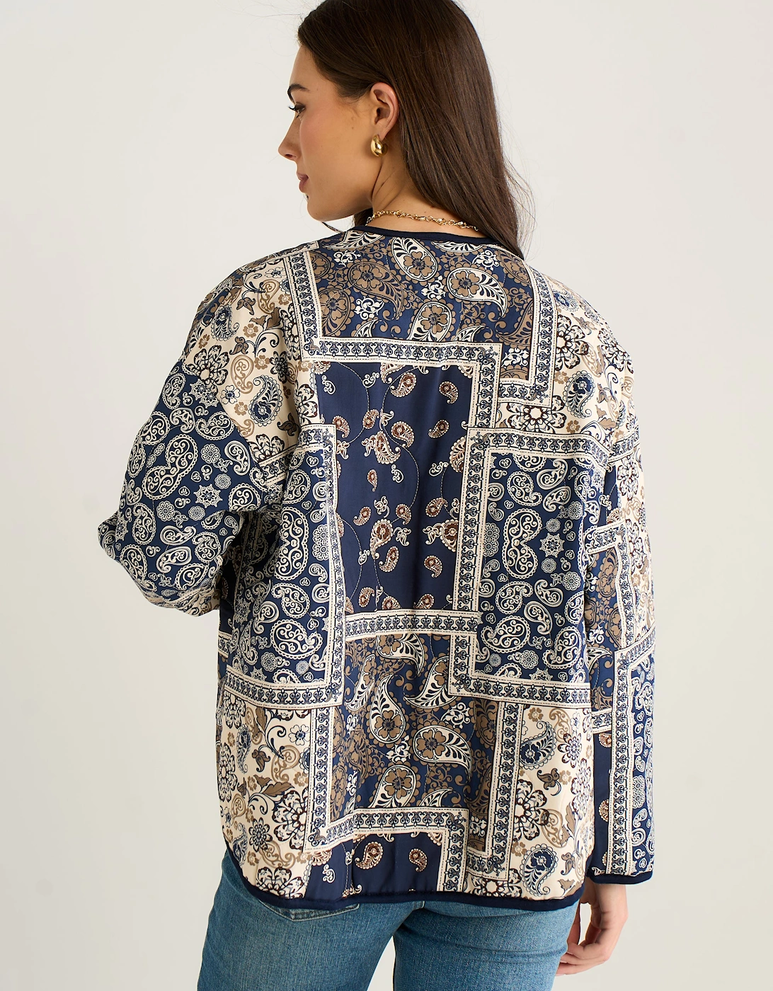 Navy Paisley Tile Print Lightweight Viscose Quilted Jacket