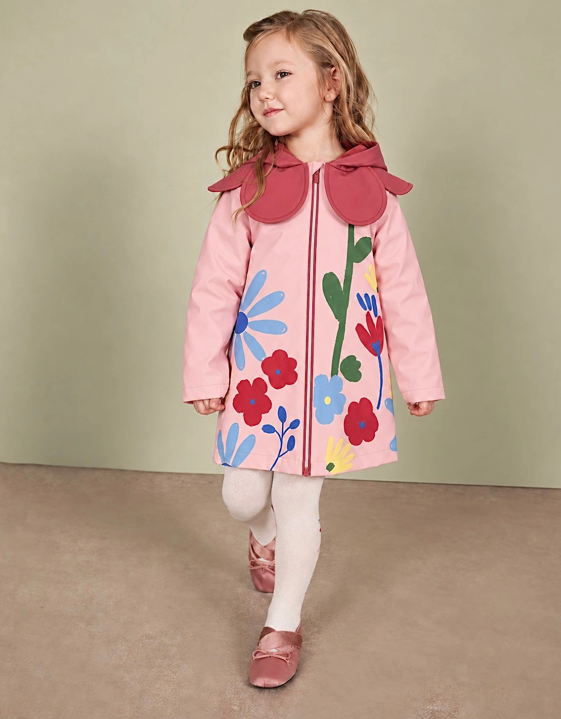 Girls Pale Pink Floral Raincoat
