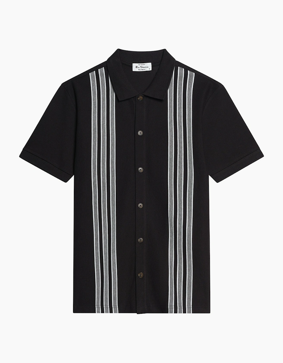 Men's Ben Sherman Mens Birdseye Stripe Button-Up Short Sleeve Polo Shirt - Black - Size: 38