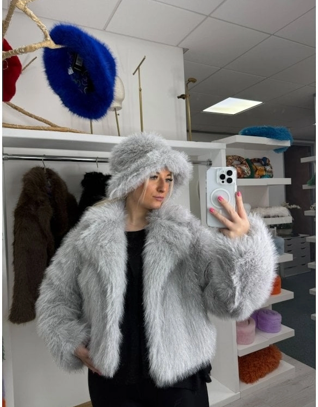 Grey Bamboo Sparkle Faux Fur Jacket