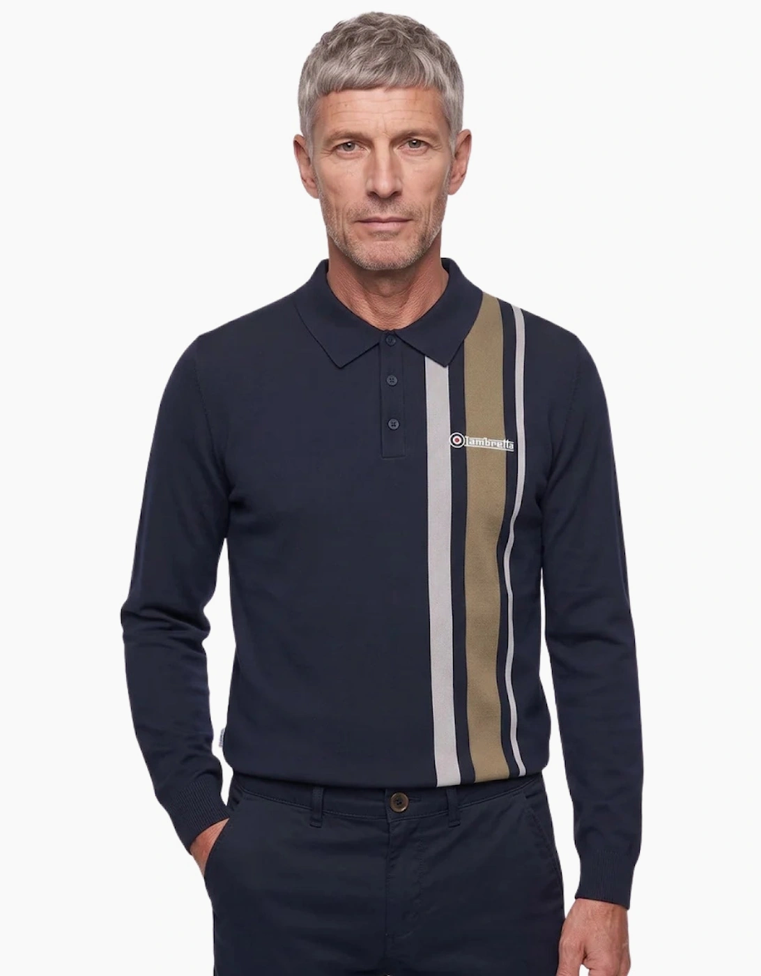 Lambretta Mens Knitted Stripe Long Sleeve Polo Shirt