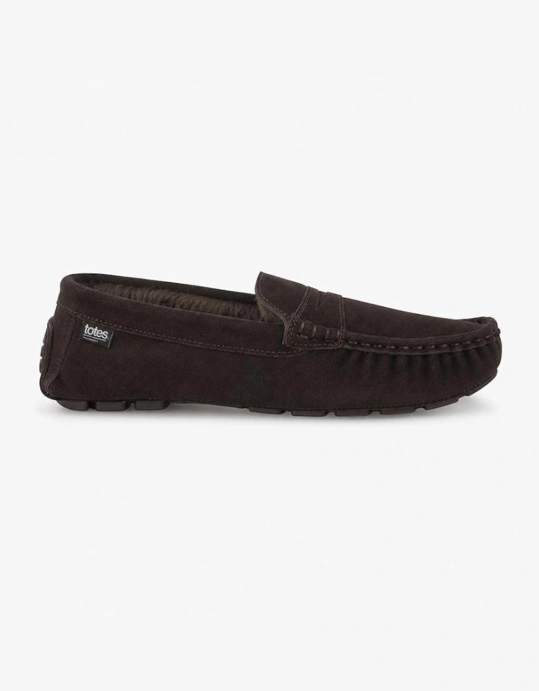 Totes Isotoner FUR LINED SUEDE MOCCASIN SLIPPER Mens Moccasins Brown