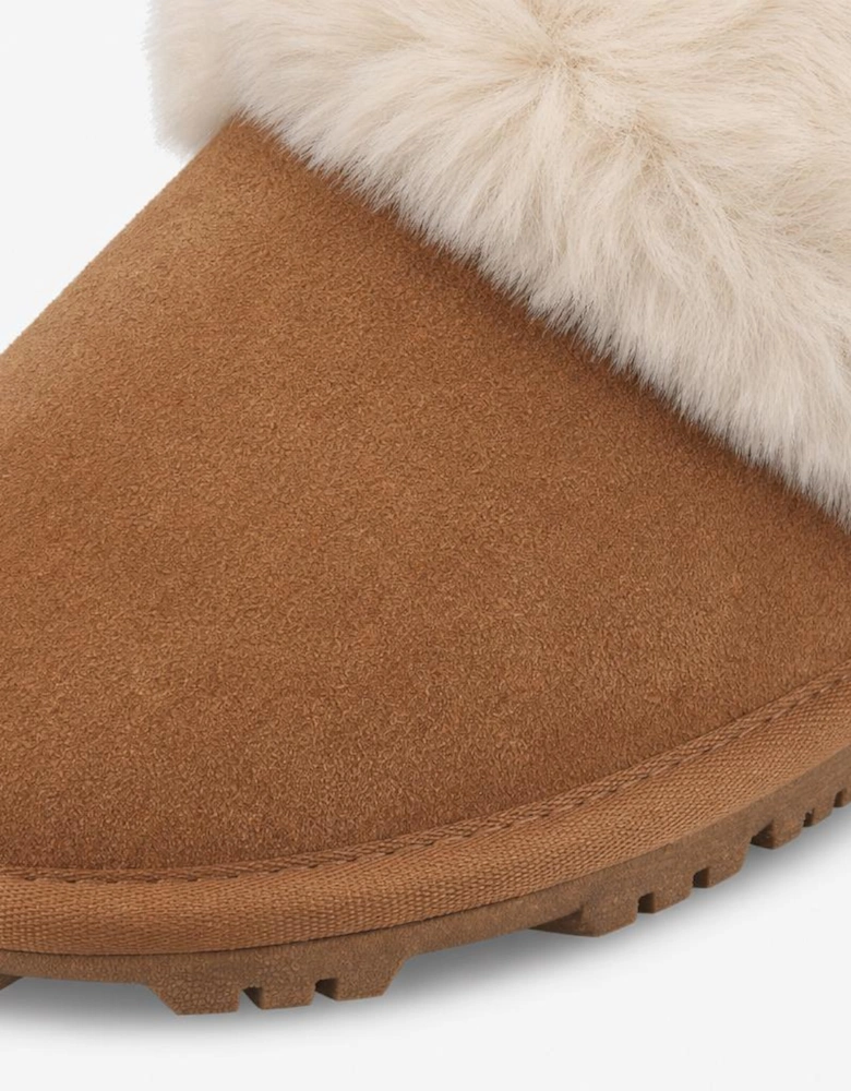 Totes Isotoner SUEDE BOOTIE WITH FUR CUFF Womens Slipper Boots Tan
