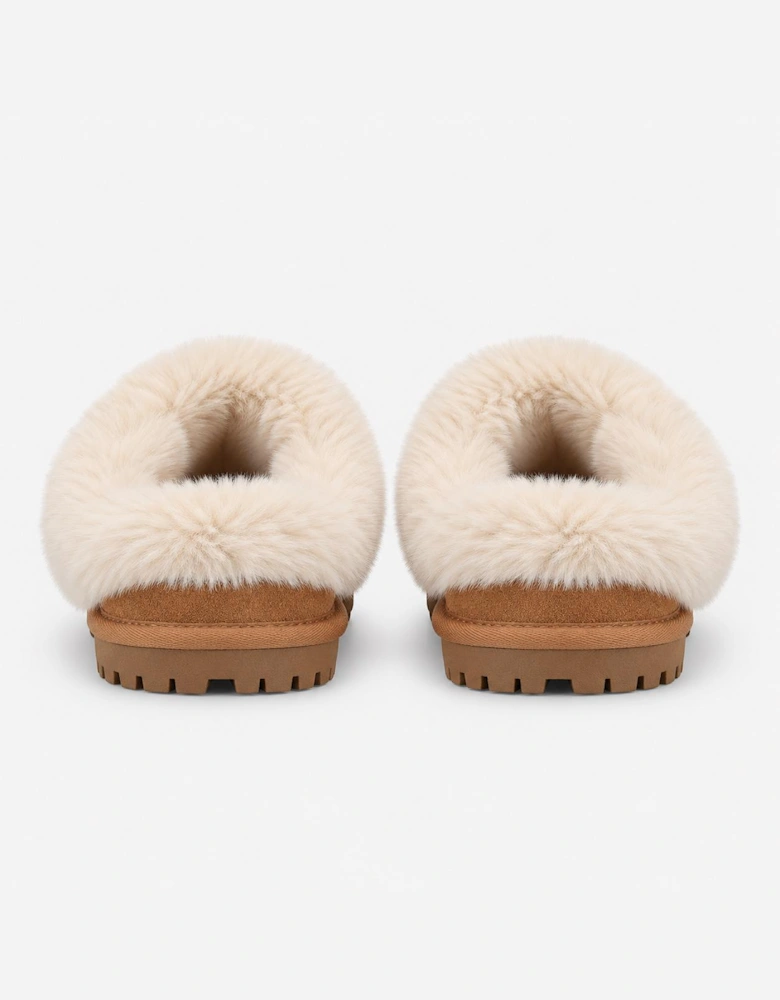 Totes Isotoner SUEDE BOOTIE WITH FUR CUFF Womens Slipper Boots Tan