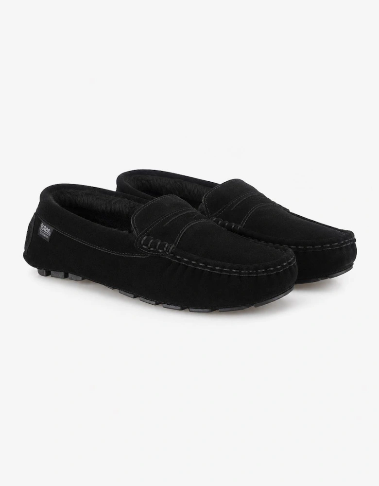 Totes Isotoner FUR LINED SUEDE MOCCASIN SLIPPER Mens Full Slippers Black
