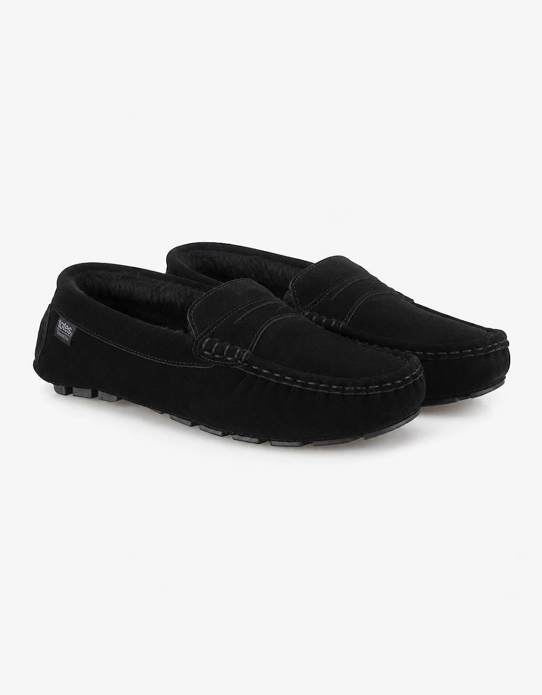 Totes Isotoner FUR LINED SUEDE MOCCASIN SLIPPER Mens Full Slippers Black