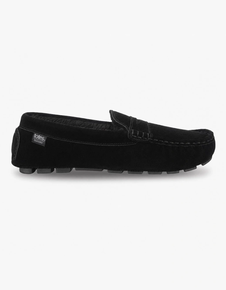 Totes Isotoner FUR LINED SUEDE MOCCASIN SLIPPER Mens Full Slippers Black