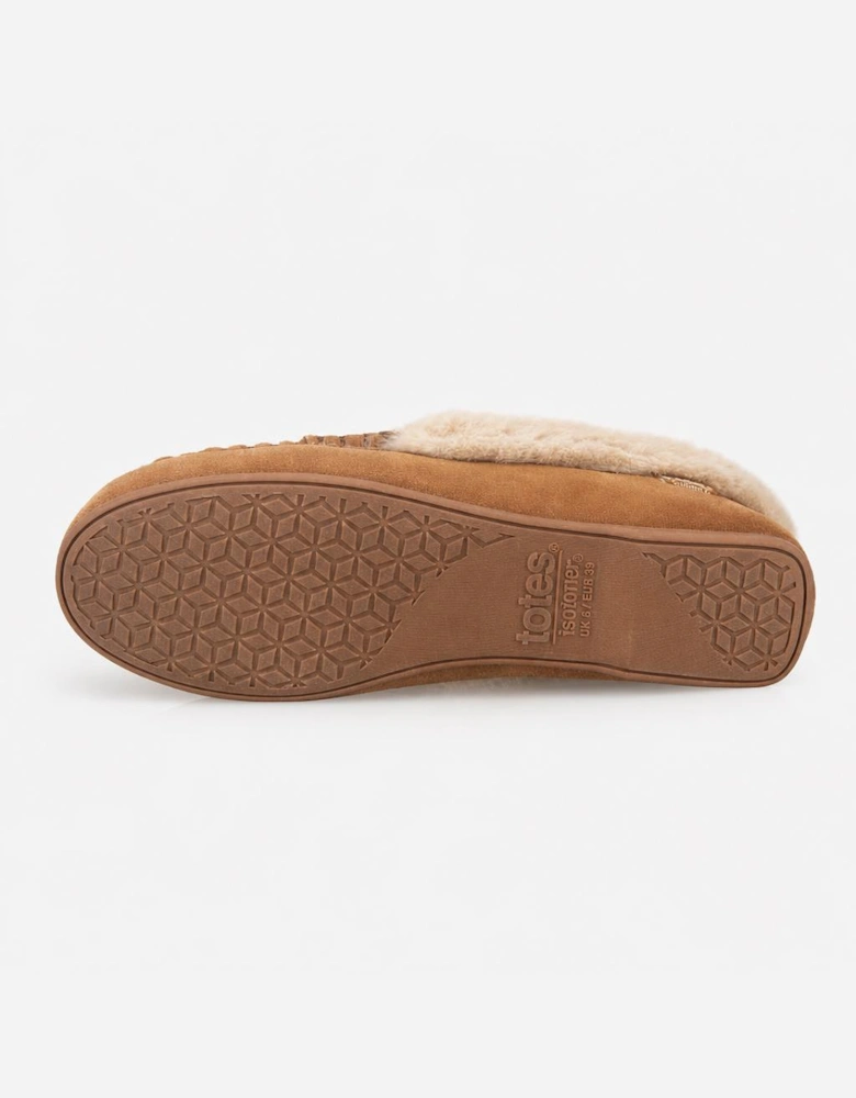 Totes Isotoner FUR LINED SUEDE MOCCASIN SLIPPER WITH KEEPER TAB Womens Moccasins Tan