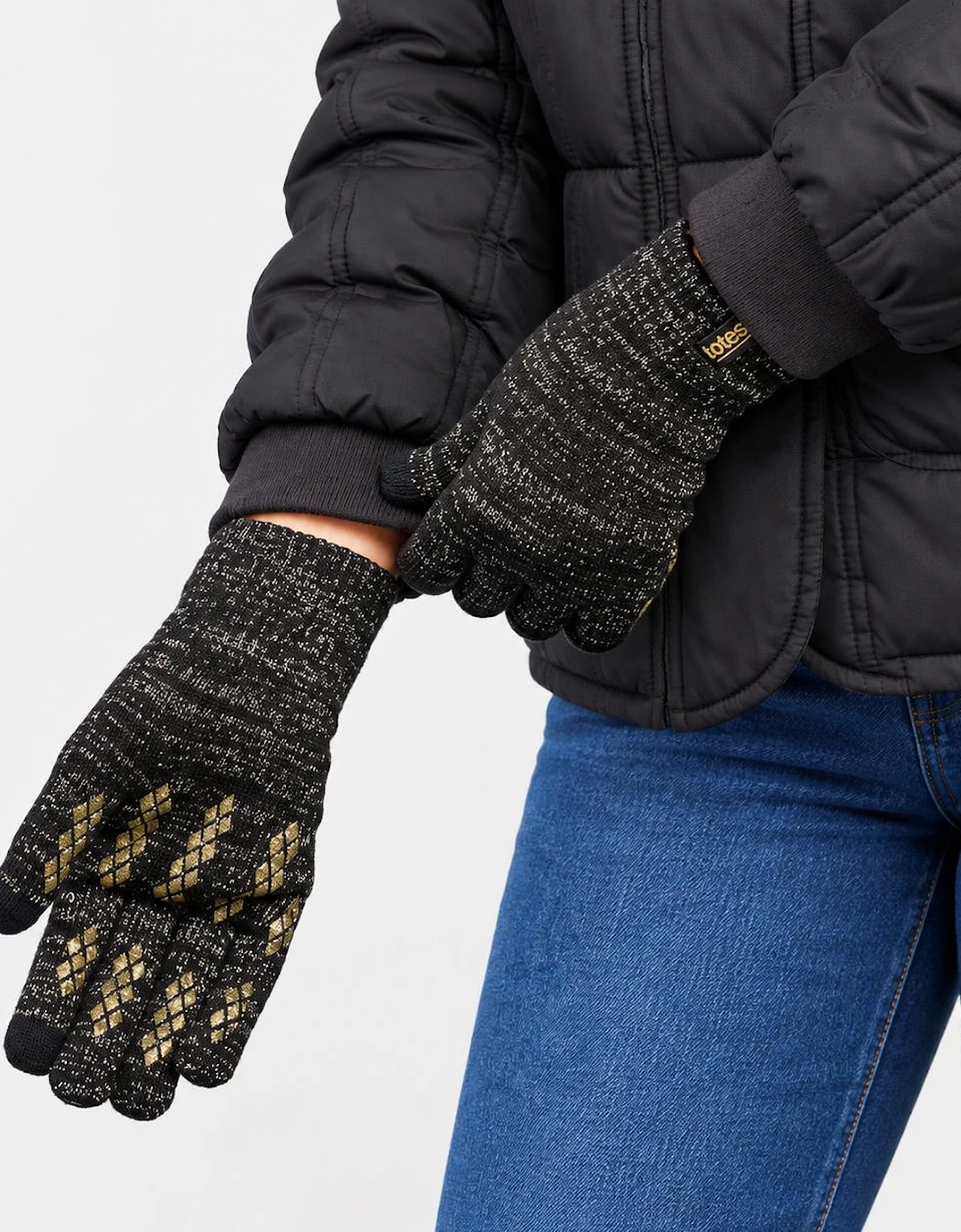 Totes Toasties BRUSHED KNITTED SMARTOUCH GLOVES Womens Touchscreen Gloves Black Sparkle