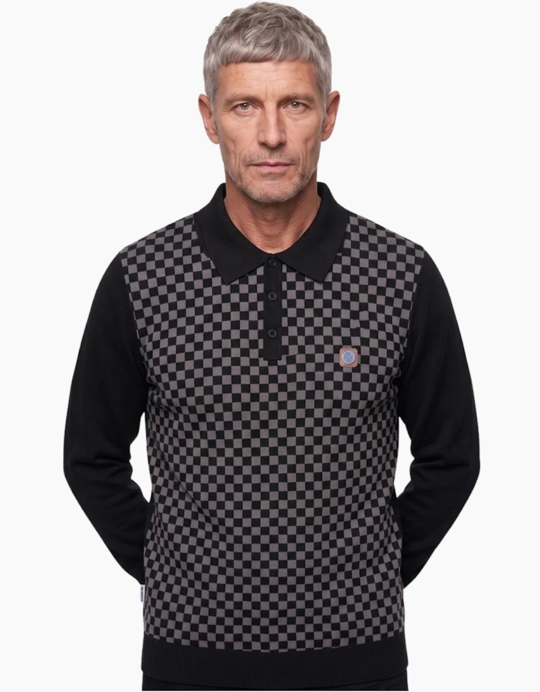 Lambretta Mens Knitted Check Long Sleeve Polo Shirt