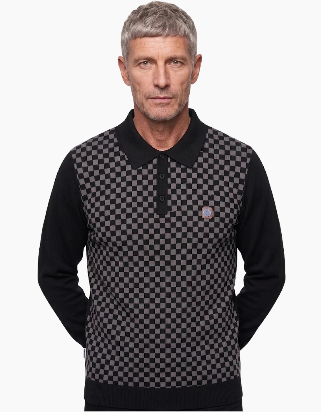 Lambretta Mens Knitted Check Long Sleeve Polo Shirt