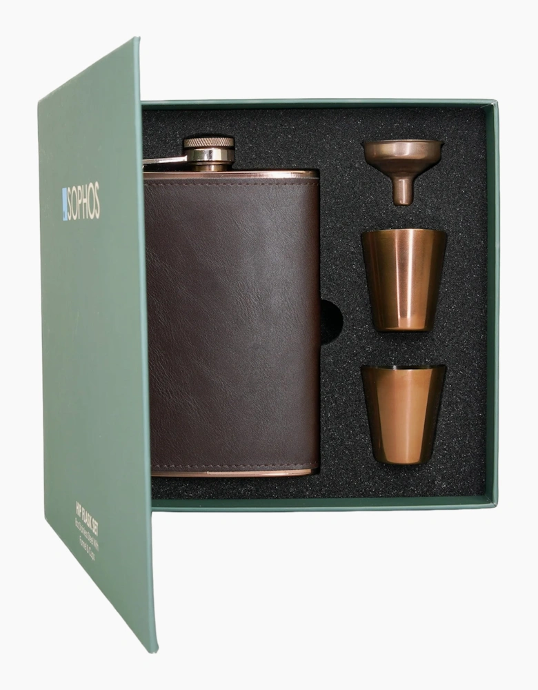 Sophos 4 Piece Copper Hip Flask Set 8oz BROWN