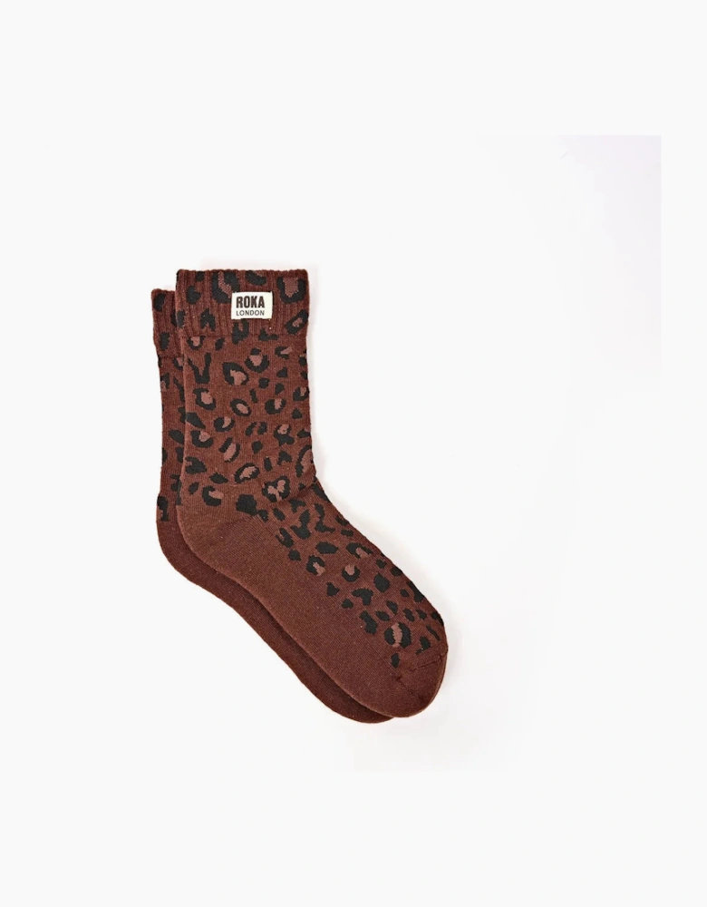 Wimbeldon Crew Socks for Women - Brown Leopard