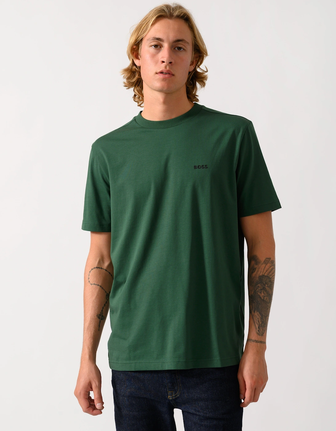 BOSS Green Tee Mens Stretch Cotton T-Shirt with Contrast Logo - Open Green 365