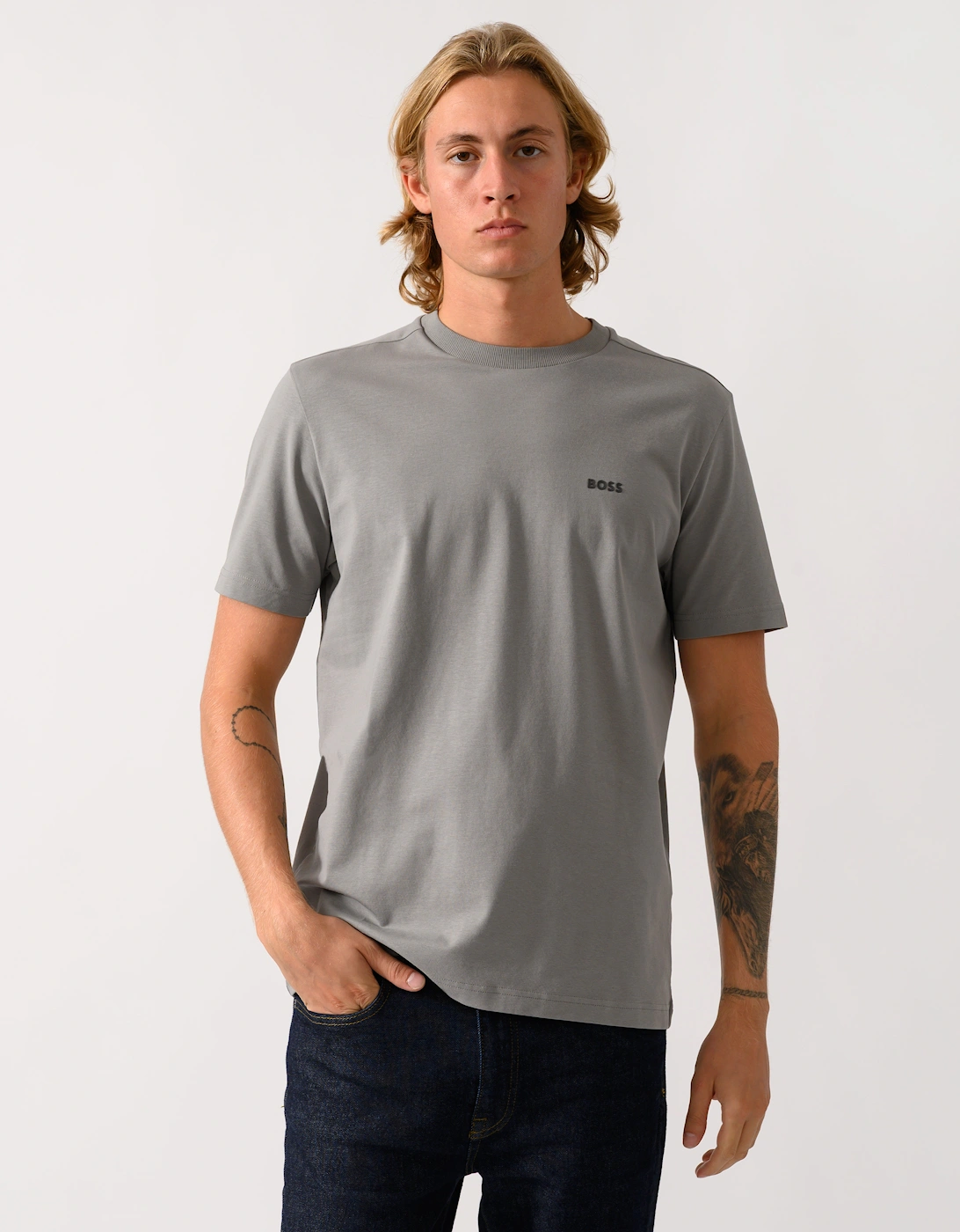 BOSS Green Tee Mens Stretch Cotton T-Shirt with Contrast Logo - Open Grey 063