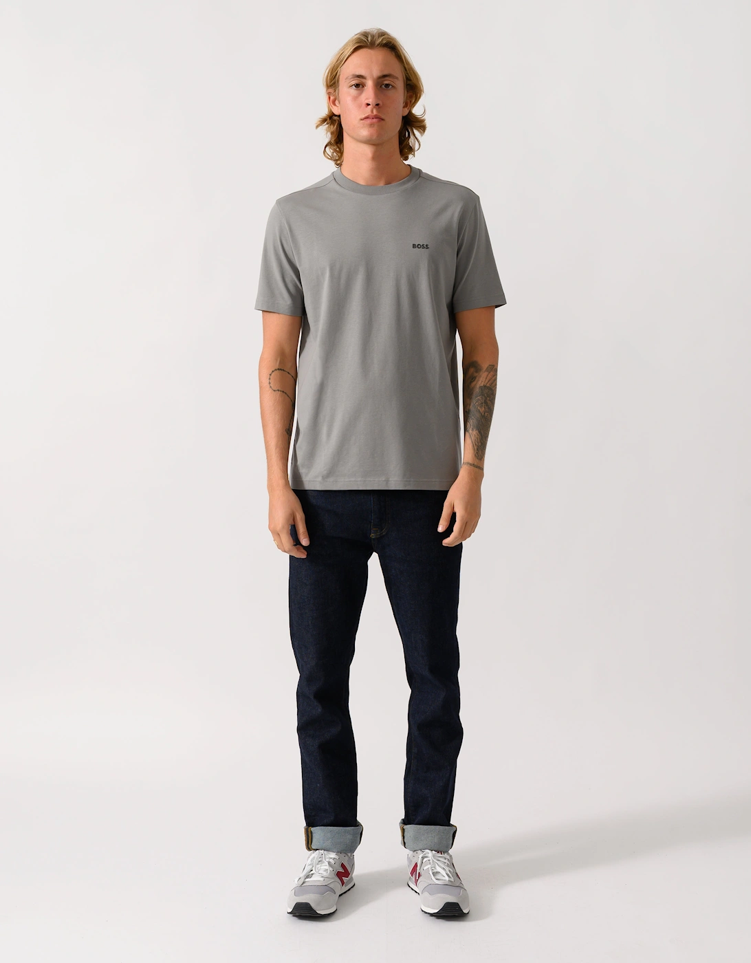 BOSS Green Tee Mens Stretch Cotton T-Shirt with Contrast Logo - Open Grey 063