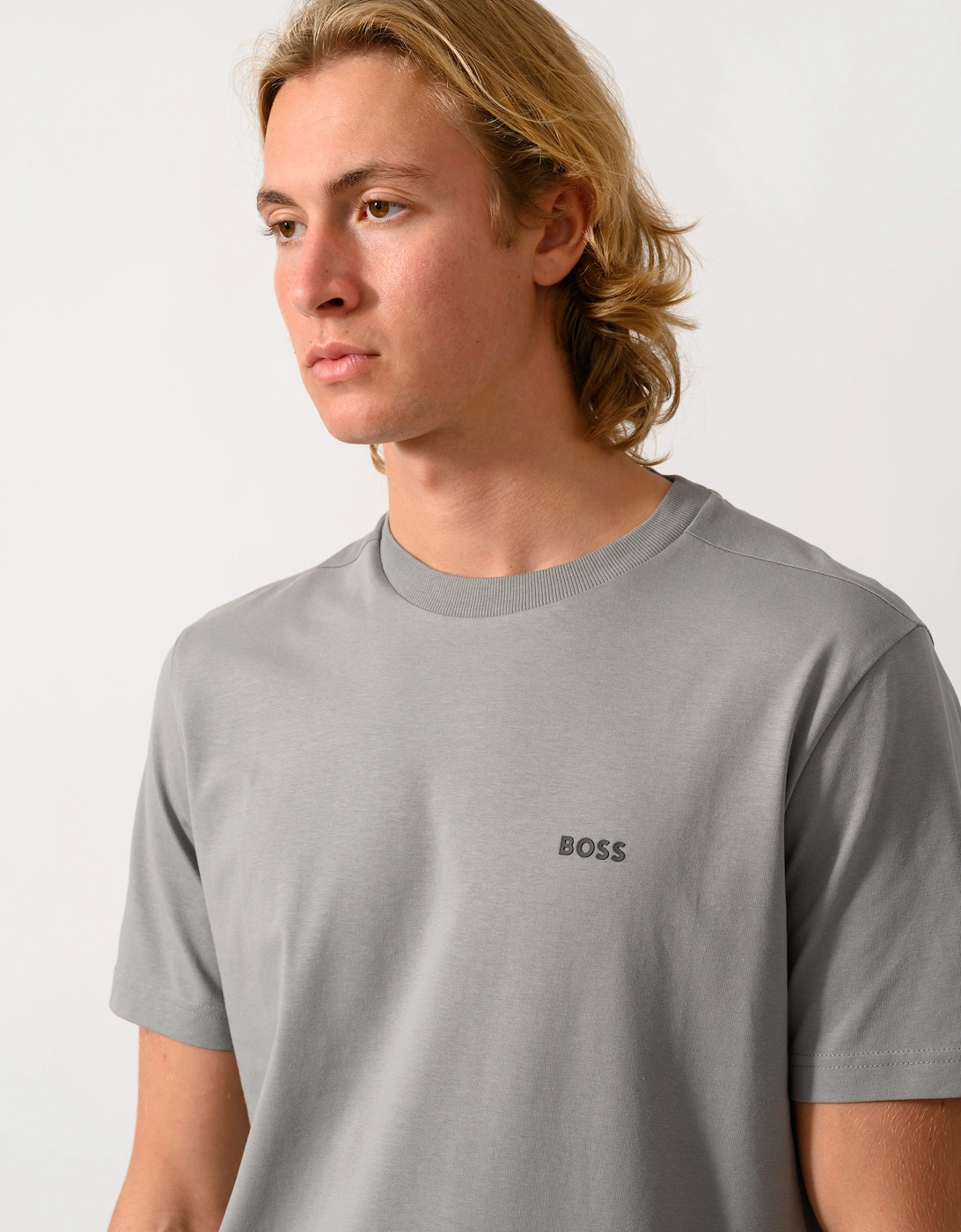 BOSS Green Tee Mens Stretch Cotton T-Shirt with Contrast Logo - Open Grey 063