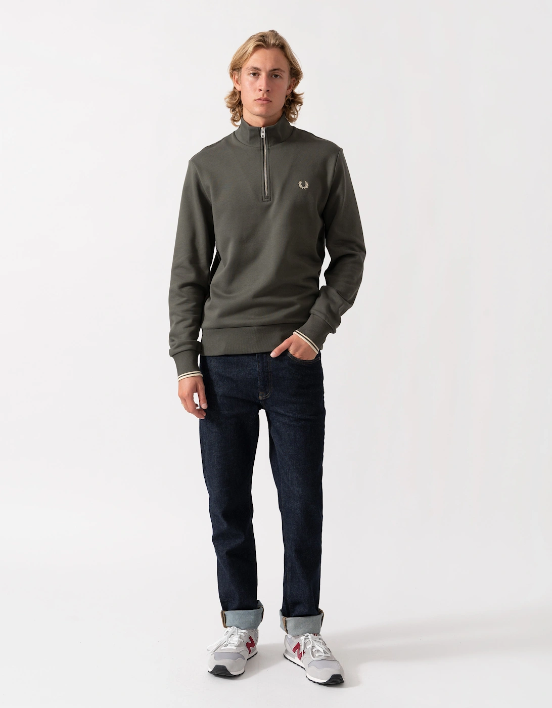 Fred Perry Mens Half Zip Sweatshirt - Field Green/Oatmeal U98