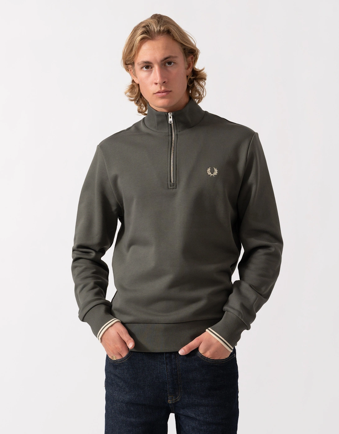 Fred Perry Mens Half Zip Sweatshirt - Field Green/Oatmeal U98