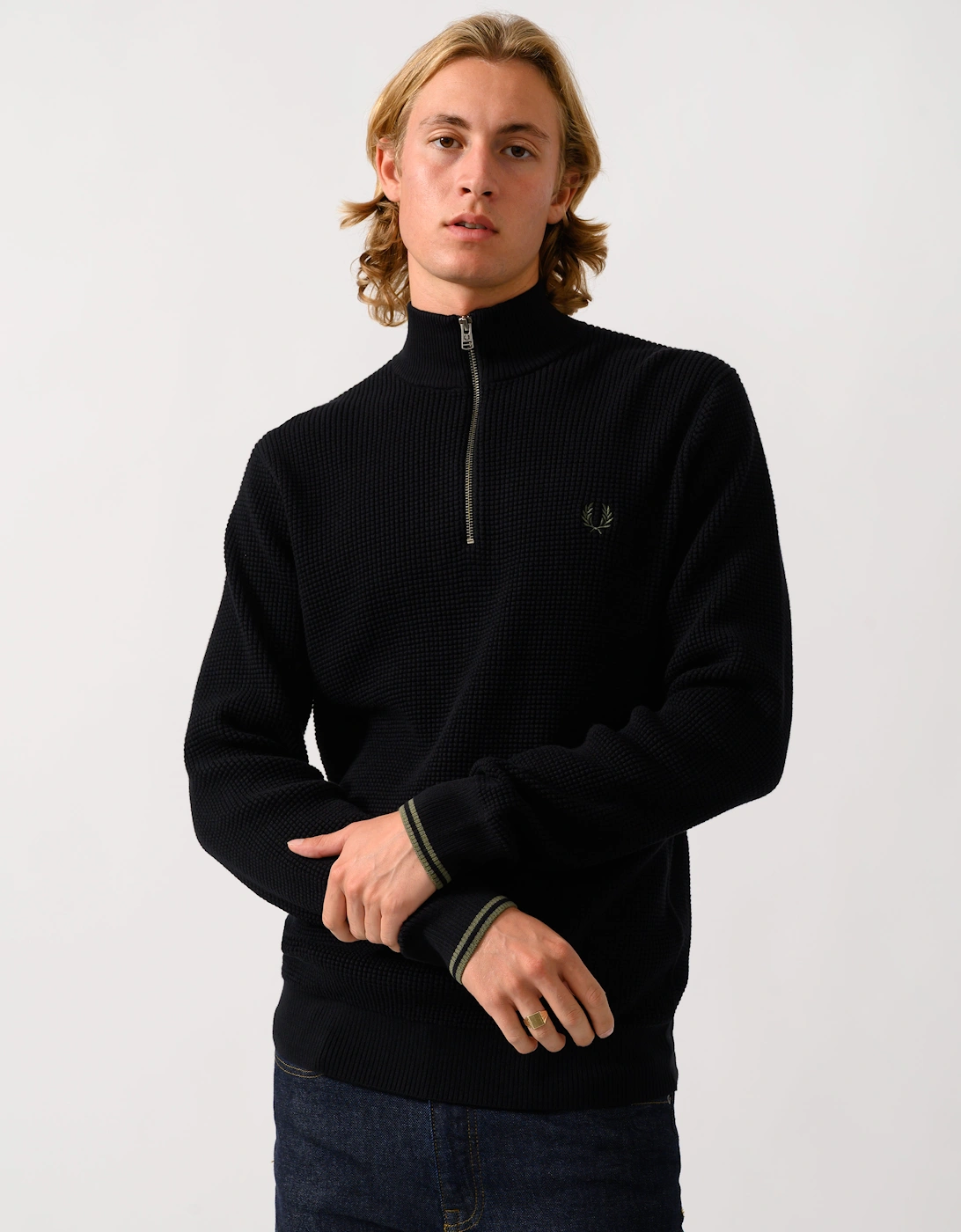 Men's Fred Perry Mens Waffle Stitch Half Zip Jumper - Black 198 - Size: 38