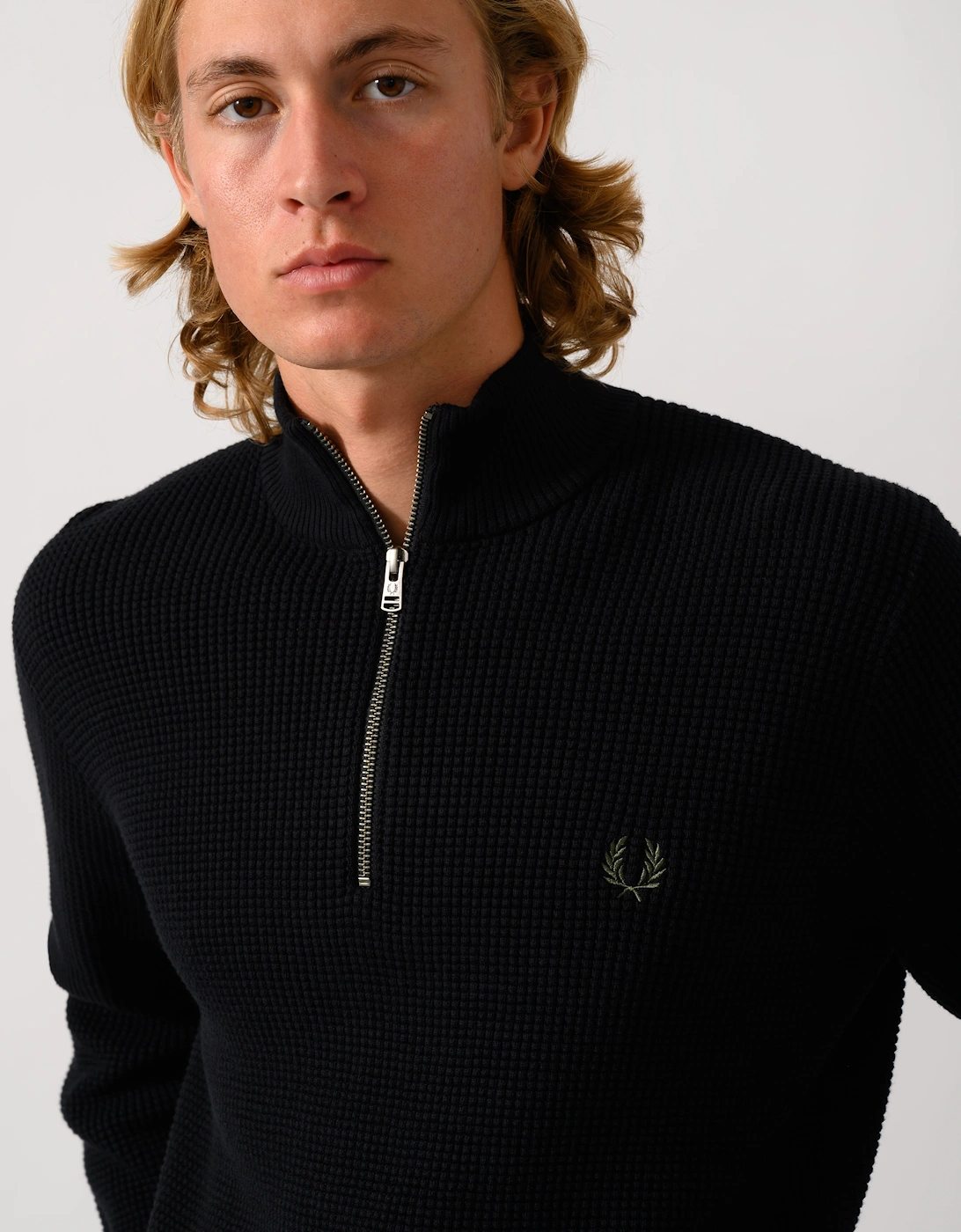 Fred Perry Mens Waffle Stitch Half Zip Jumper - Black 198